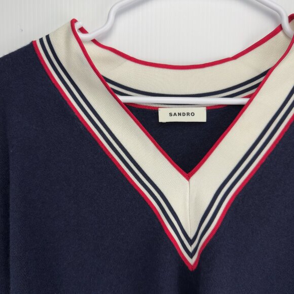 SANDRO “Steven” Preppy Wool Cashmere Sailor Navy White Red V-Neck Sweater S - Picture 11 of 15